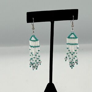 Handmade Beaded Dangling Earrings White Teal Silver Tone‎ Metal Hooks